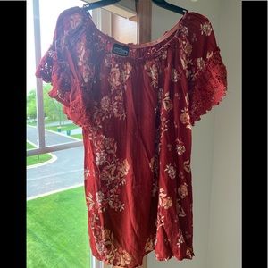 Off the shoulder,red floral dress with lace sleeve